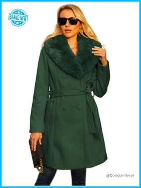 Faux Leather Long Pea Coat Double Breasted Winter Trench Coat Faux Fur Collar